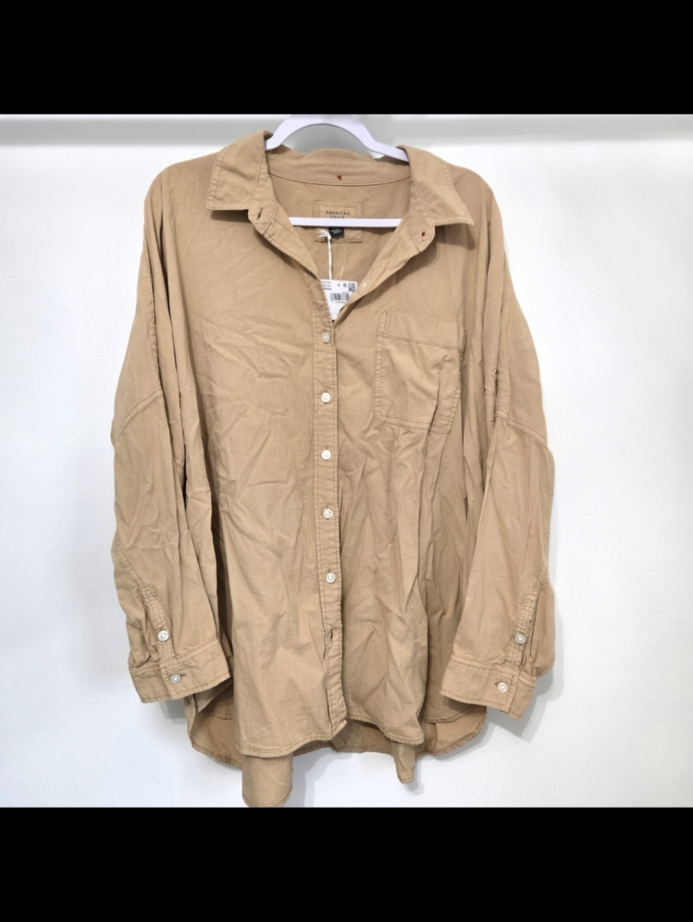 NWT. American Eagle Oversized Large Button Up Shirt / Blouse In Tan Khaki Color